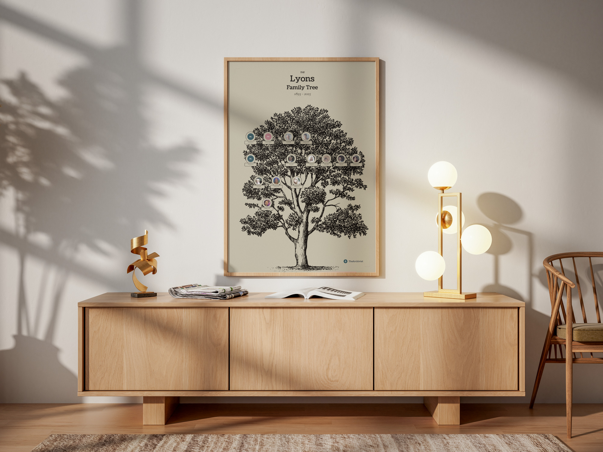 Beautiful family tree poster mockup - personalised tree with photos framed on a wall